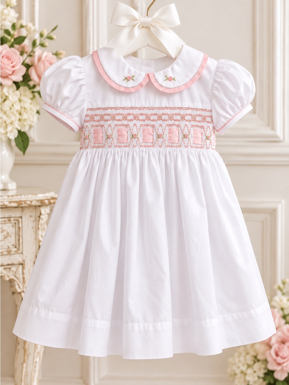 Marco and Lizzy Pink and White Smocked Kids Dress Peter Pan Collar 3T